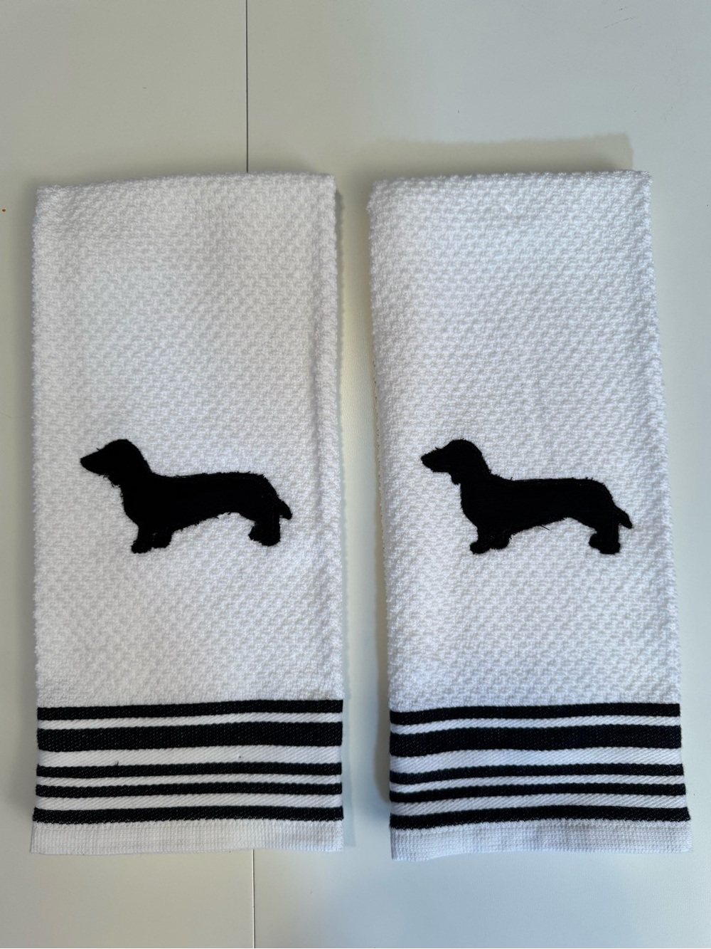 White Embroidered Kitchen Towels with Black Dachshund NEW Made to order stripe - Picture 3 of 4